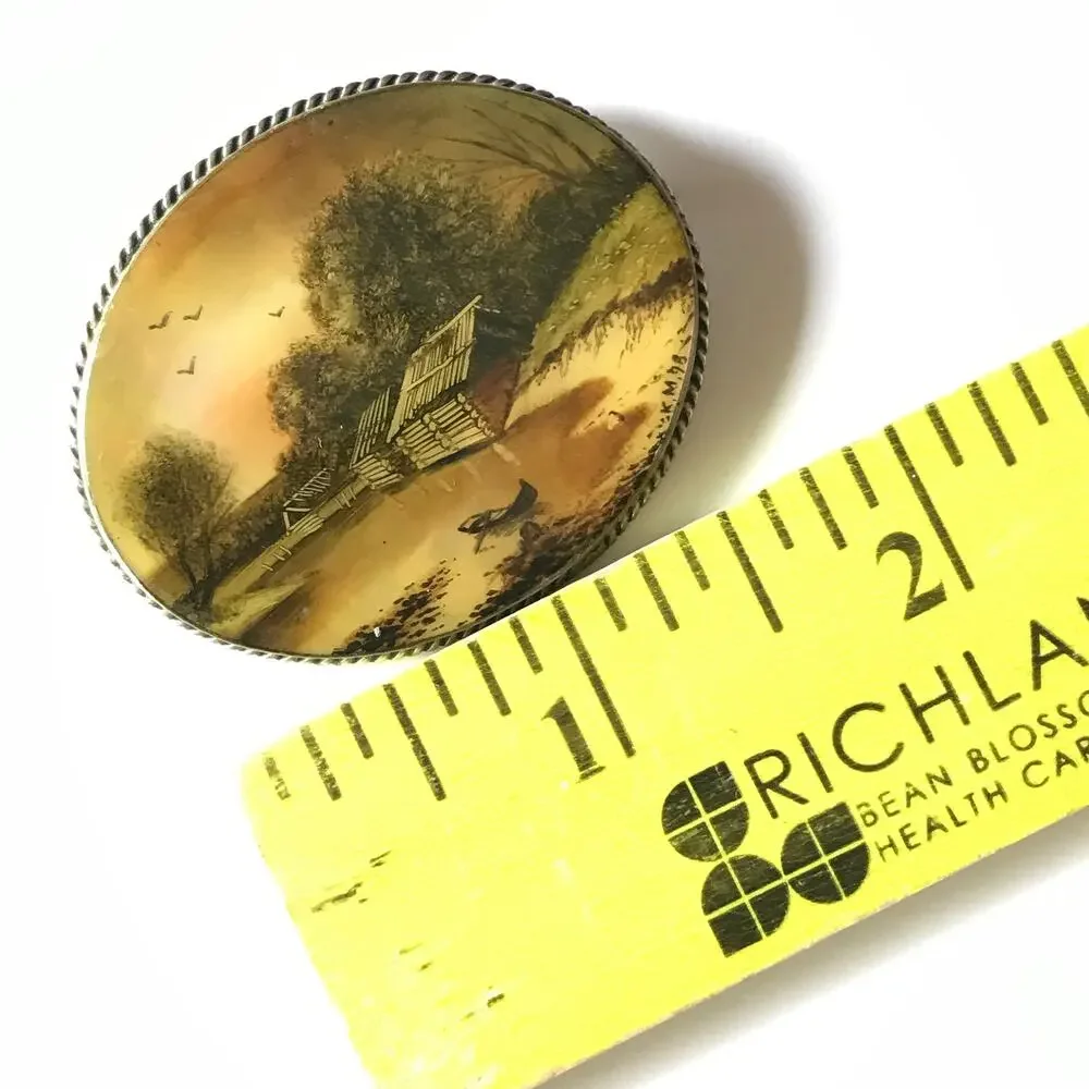 Artist Signed Vintage Hand Painted Mother Of Pearl Scenic Brooch (K.M. '98)